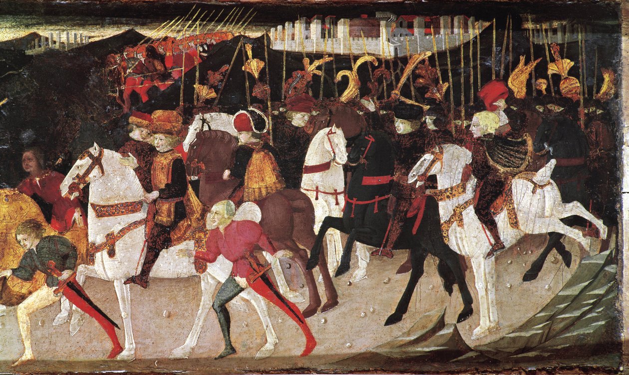 Dekameron de Boccaccio (Jean Boccaccio): historia Alatiel, córki sułtana Babilonu Beminedab, szczegół przedstawiający jeźdźców i stronice (Historia Alatiel, córki Beminedaba, sułtana Babilonu, jeźdźców i stronic) (7. wiadomość drugiego dnia) Łał autorstwa Master of the Cassoni