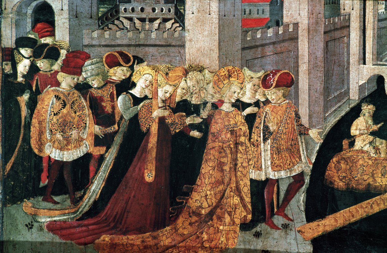 Decameron de Boccaccio (Jean Boccaccio): kasztelan Pericone wita Alatiel, córkę sułtana Babilonu Beminedab i jej apartament na wyspie Majorka (Pericone da Visalgo wita Alatiel, córkę Beminedaba, sułtana Babilonu, na cześć autorstwa Master of the Cassoni