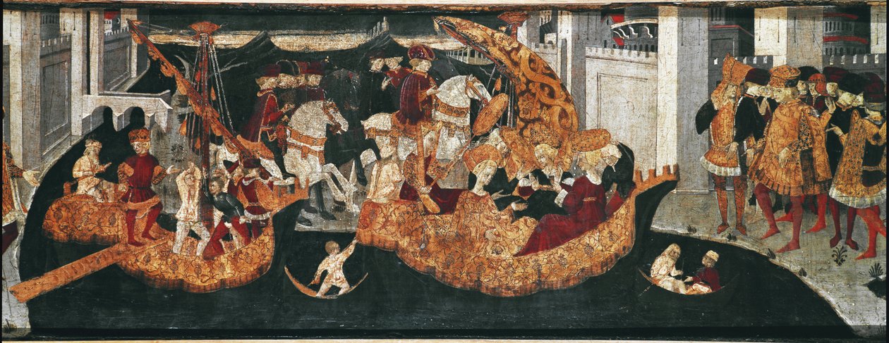 Decameron de Boccaccio (Jean Boccaccio): kasztelan Pericone wita Alatiel, córkę sułtana Babilonu Beminedab i jej apartament na wyspie Majorka (Pericone da Visalgo wita Alatiel, córkę Beminedaba, sułtana Babilonu, na cześć autorstwa Master of the Cassoni