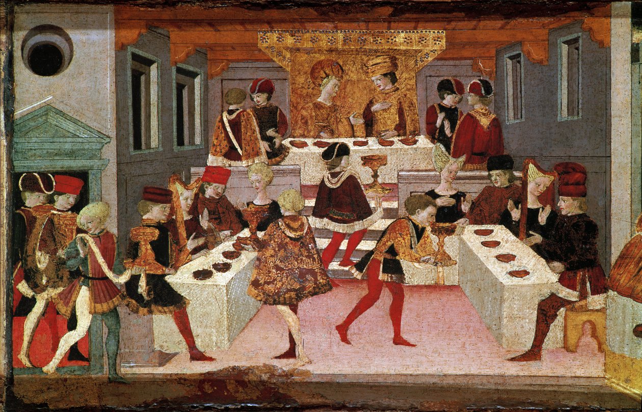 Decameron de Boccaccio (Jean Boccaccio): bankiet zorganizowany przez kasztelana Pericone na powitanie Alatiel, córki sułtana Babilonu Beminedab i jej apartamentu na wyspie Majorka (Bankiet wydany przez Pericone da Visalgo na powitanie córki Alatiel autorstwa Master of the Cassoni