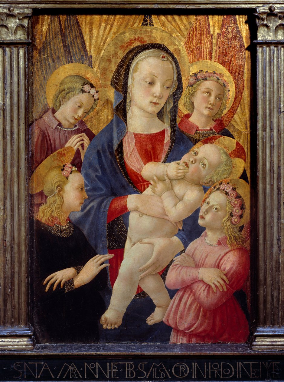 Dziewica i dziecko w otoczeniu czterech aniołów. Obraz Mistrza Narodzenia Castello Ec. Włochy. autorstwa Master of the Castello Nativity