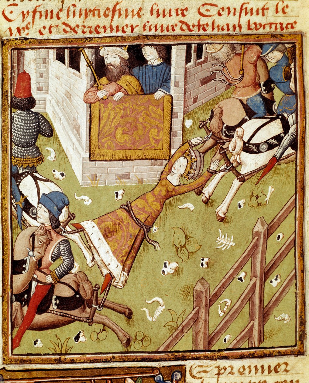 Tortura Brunehauta: Brunehaut czyli Brunehilda (543-613), więzień Chlotaire (Clothaire) II, rozszarpywana przez konie ciągnące swoich członków z każdej strony - Miniatura Mistrza Czempionki Dam z rękopisu „” Des hommes illustres „””” 15 autorstwa Master of the Champion des Dames
