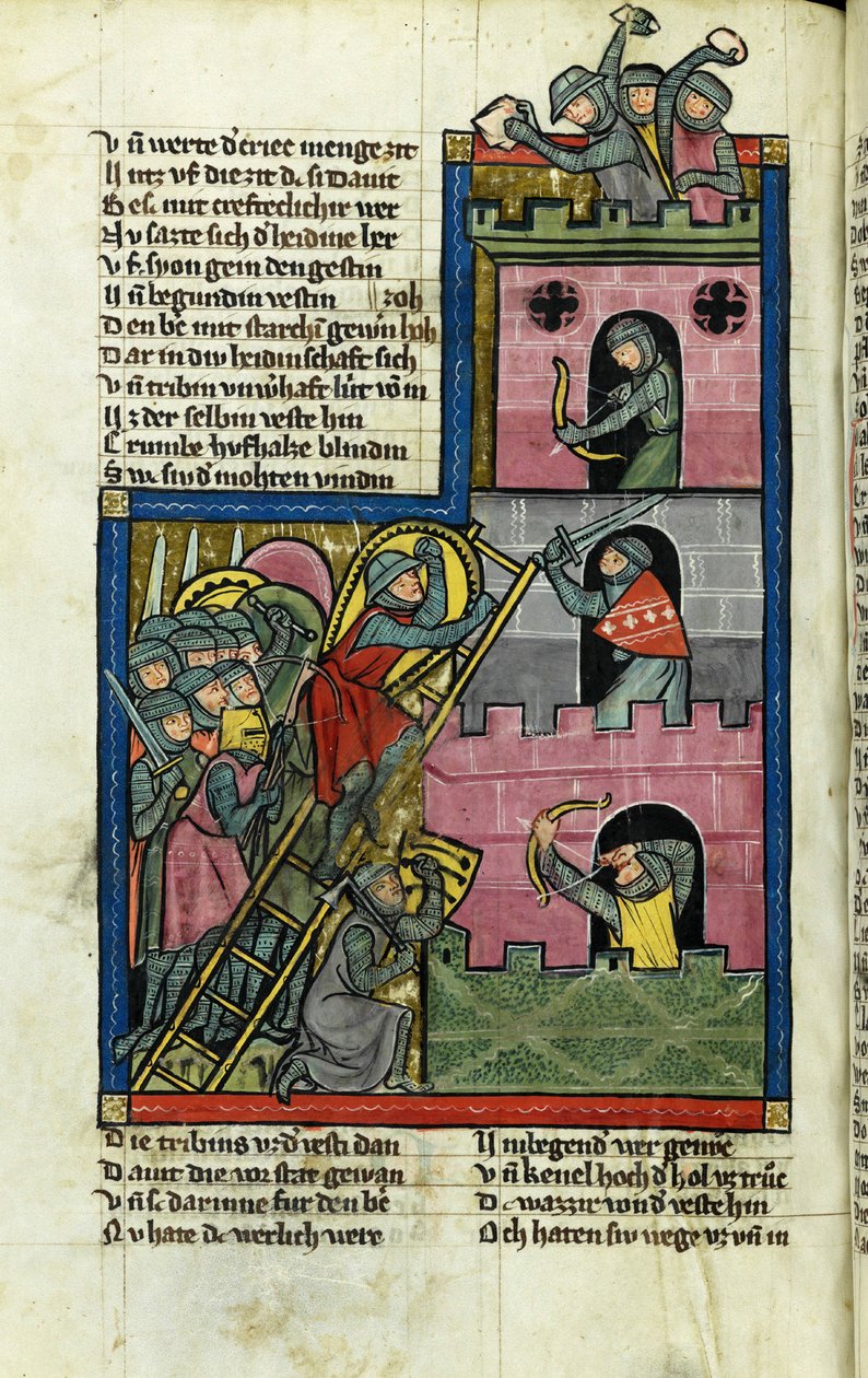 Zdobycie zamku w Jerozolimie (Z Kroniki Świata (Weltchronik) Rudolfa von Emsa) - Mistrz Kroniki Świata (Weltchronik) (czynny ok. 1300) - ok. 1300r. 1300 - Akwarela na pergaminie - Kantonsbibliothek St. Gallen autorstwa Master of the Chronicle of the World