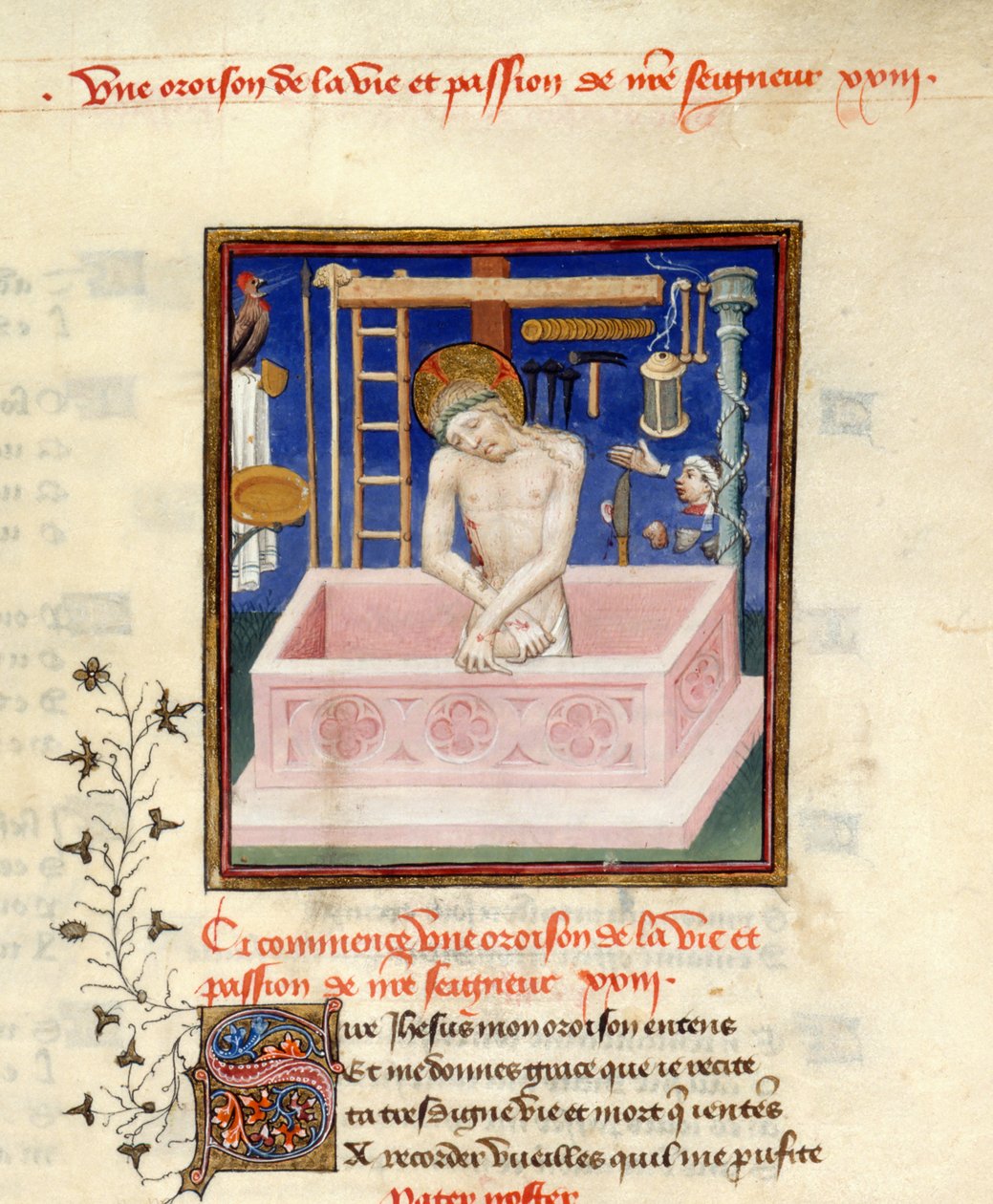 Fragment miniatury Chrystusa jako Męża Boleści na początku modlitwy do Chrystusa, Harley 4431, f.257, z „Dzieła zebrane Christine de Pisan” autorstwa Master of the Cité des Dames