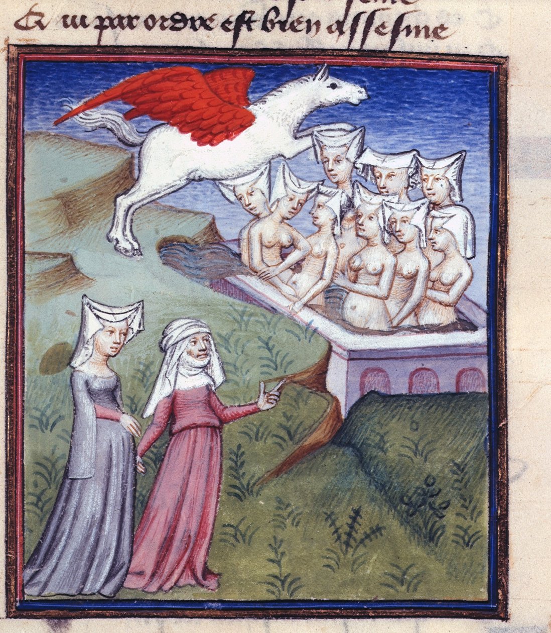 Harl 4431 fol.183 Kąpiel w dziewięciu muzach, z Dzieł zebranych Christine de Pisan autorstwa Master of the Cité des Dames