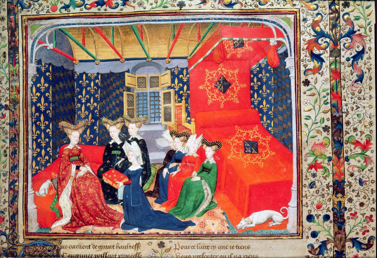 Harl 4431 fol.3 Christine de Pisan przedstawiająca swoją książkę królowej Izabeli Bawarskiej, z wierszy Christine de Pisan, c.1410-15 (welum) autorstwa Master of the Cité des Dames