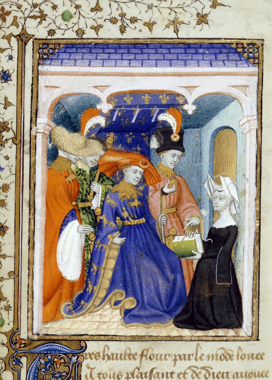 Harley 4431 f.95 Christine de Pisan prezentuje swoją książkę Ludwikowi Orleańskiemu, ilustracja z „L