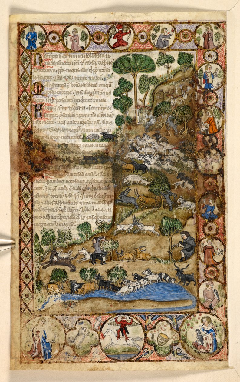 Dodać. 28841, f.1v: Geometryczne całostronicowe obramowania rombów, rondli i czworolistnych zamieszkałych przez zwierzęta i sceny figuratywne: pasterze pilnujący owiec i kóz oraz walczący z wilkami, czerwony diabeł stojący na koniu na granicy, z Przysmaku autorstwa Master of the Cocharelli Codex