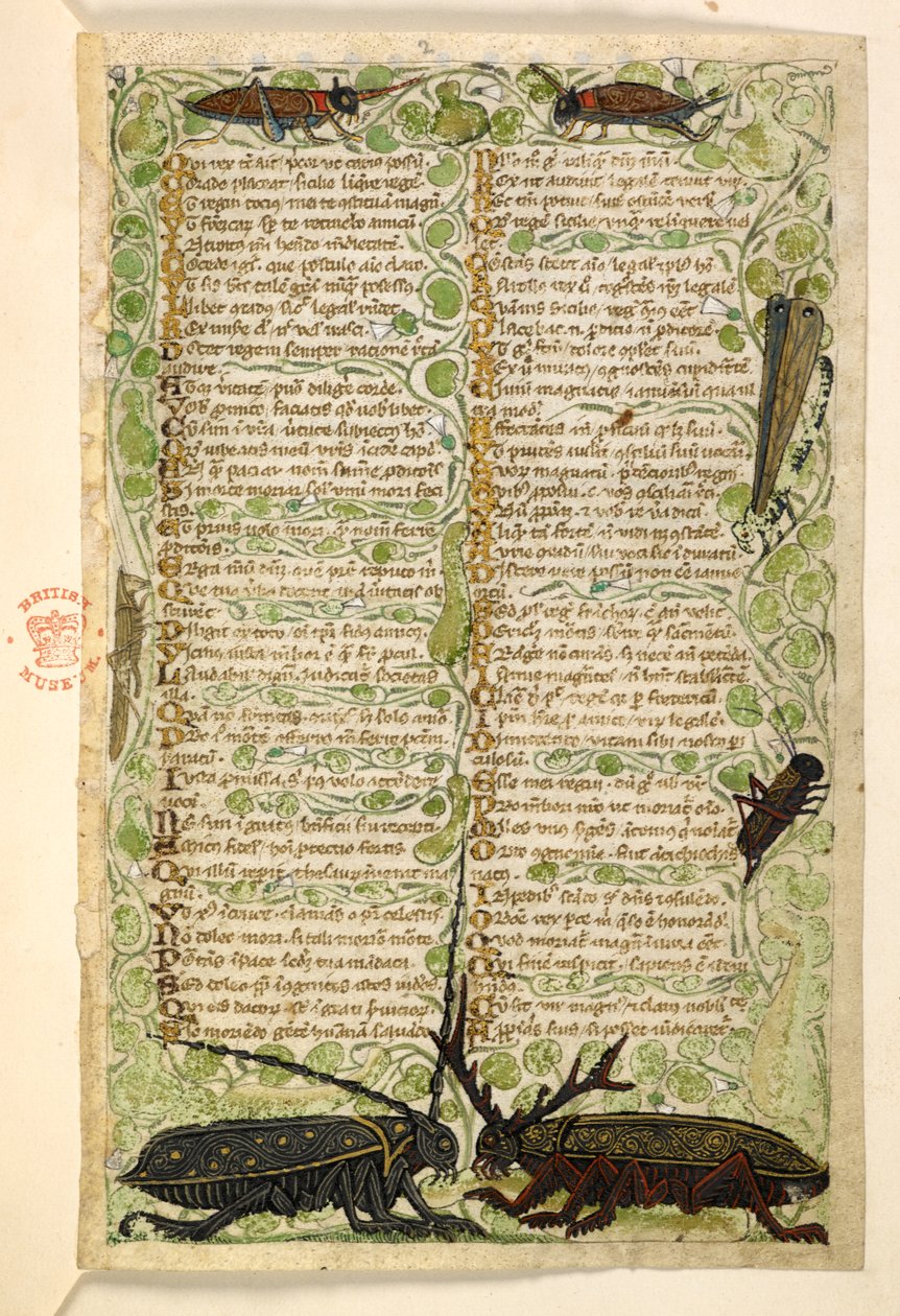 Dodać. 28841, f.2: chrząszcze rogate, świerszcze i locus.  Traktat o cnotach i wadach oraz anonimowa proza historia Sycylii (fragment)  Cocharelli autorstwa Master of the Cocharelli Codex