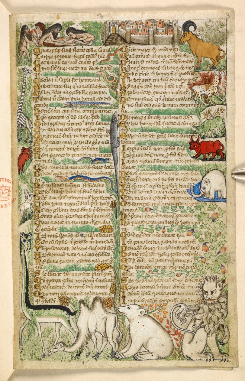 Dodać. 28841, f.3: Kanibale, otoczone murem miasto i egzotyczne zwierzęta, w tym żyrafa, lew, wielbłąd i słoń, z traktatu o cnotach i wadach oraz anonimowa historia prozy Sycylii (fragment), ok. 1330- 40 (welum) autorstwa Master of the Cocharelli Codex