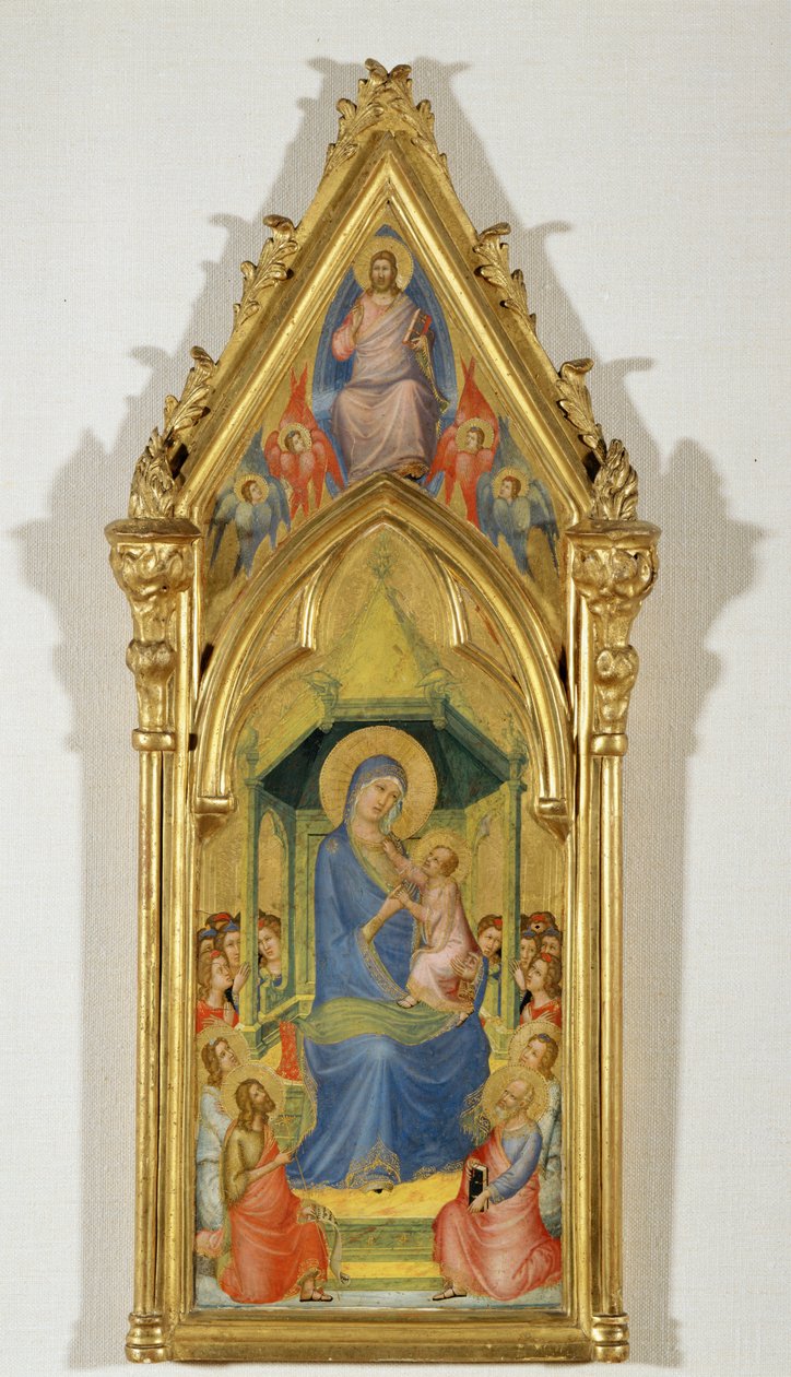 Madonna na tronie pomiędzy dwoma aniołami, świętym Janem Chrzcicielem i świętym Piotrem (obraz na drewnie) autorstwa Master of the Codex of Saint George