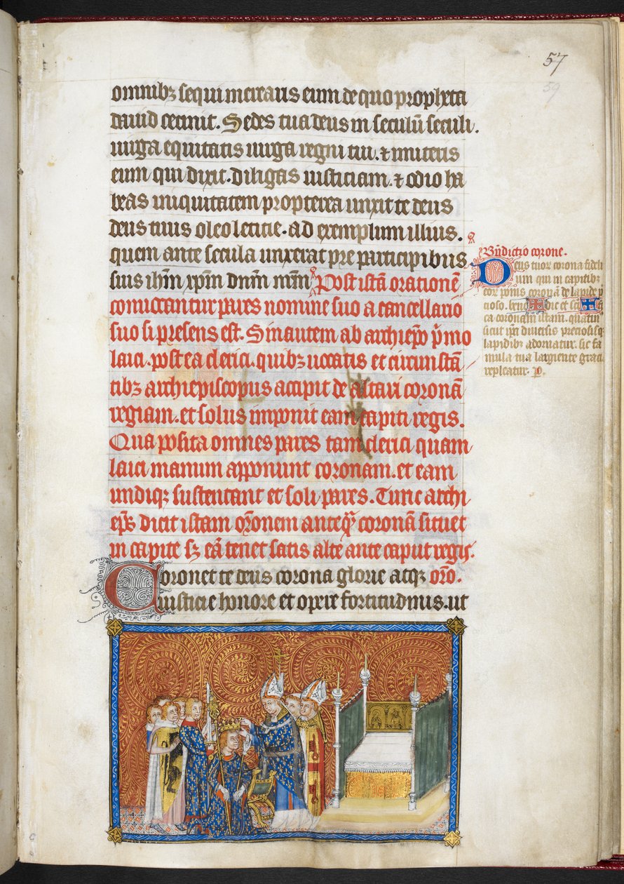 Cotton Tiberius B.VIII f.59 Arcybiskup Reims umieszczający koronę na głowie króla, z „Księgi koronacyjnej Karola V, króla Francji” autorstwa Master of the Coronation Book of Charles V