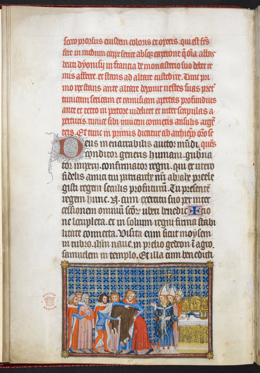 Cotton Tiberius B. VIII f.47v Król zdejmujący szaty wierzchnie, ilustracja z „Księgi koronacyjnej Karola V, króla Francji” autorstwa Master of the Coronation Book of Charles V