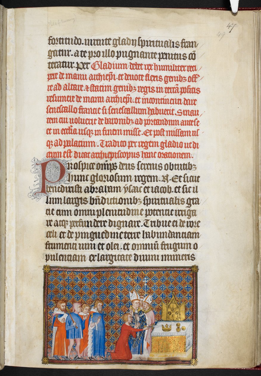 Cotton Tiberius B. VIII f.49r Król ofiarowujący miecz na ołtarzu, ilustracja z 