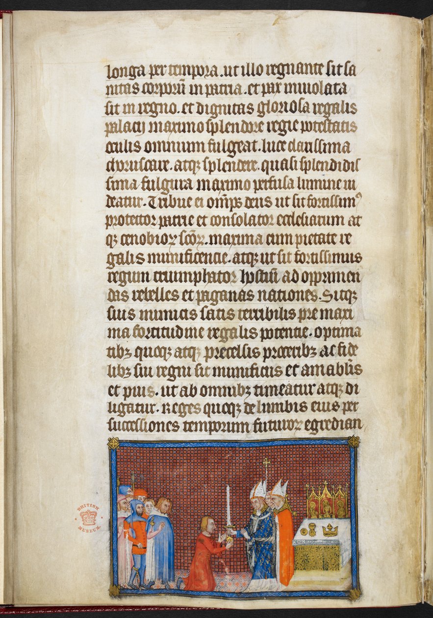 Cotton Tiberius B. VIII f.49v Arcybiskup Reims zwraca miecz królowi, ilustracja z „Księgi koronacyjnej Karola V, króla Francji” autorstwa Master of the Coronation Book of Charles V