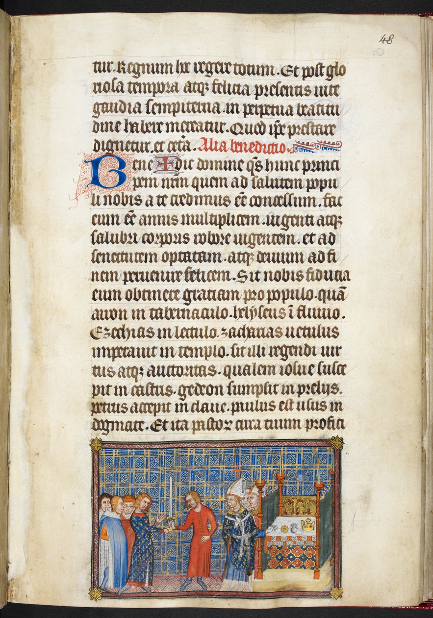 Cotton Tiberius B. VIII f.50r Król przekazujący miecz Seneszalowi (księciu Anjou), z „Księgi koronacyjnej Karola V, króla Francji” autorstwa Master of the Coronation Book of Charles V