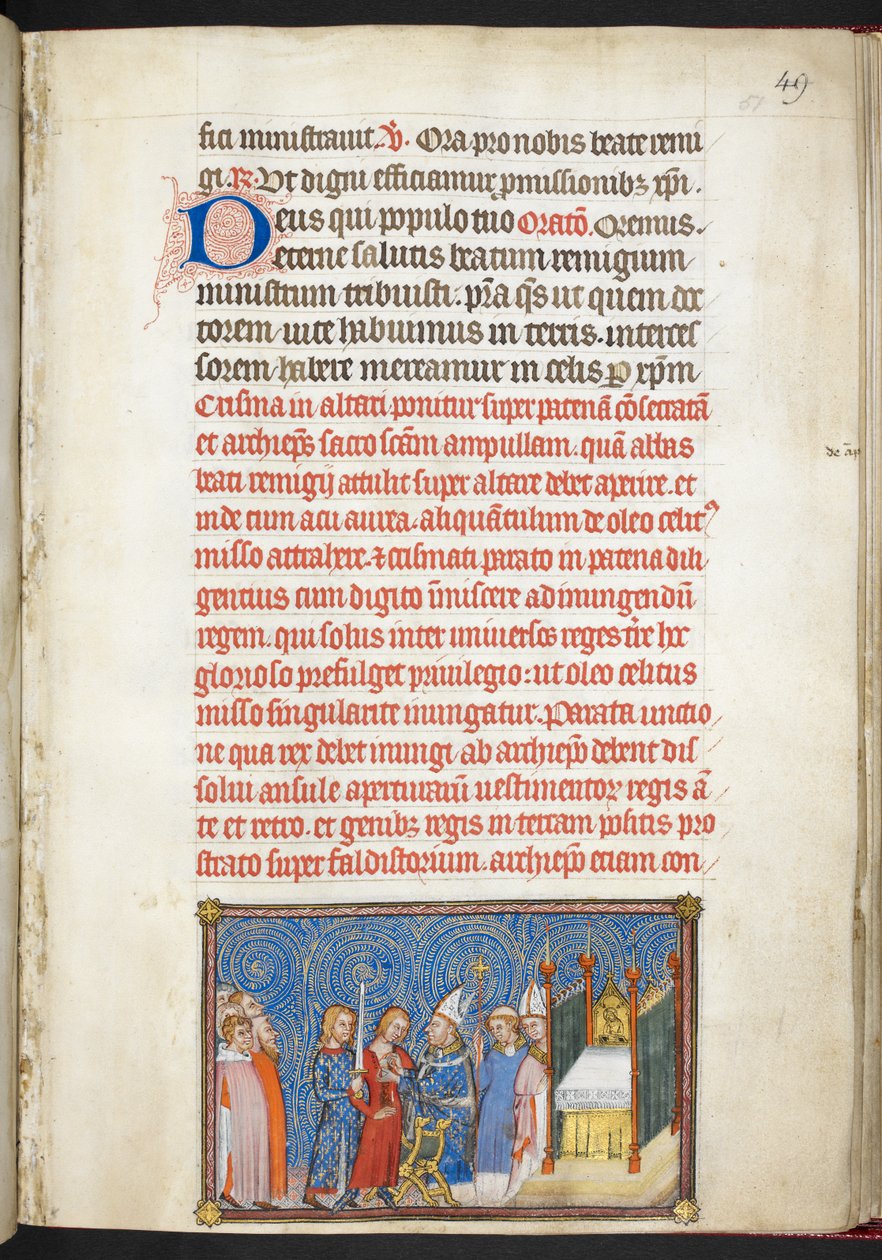 Bawełna Tiberius B. VIII f. 51r, Arcybiskup Reims rozpinający tunikę króla, z „Księgi koronacyjnej Karola V, króla Francji” autorstwa Master of the Coronation Book of Charles V