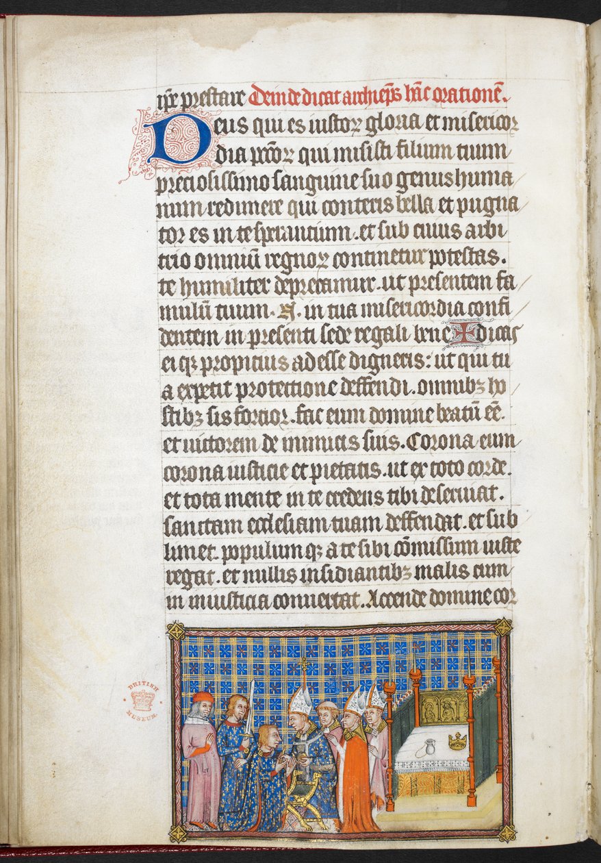Cotton Tiberius B. VIII f.55v Król otrzymujący namaszczenie rąk, z „Księgi koronacyjnej Karola V, króla Francji” autorstwa Master of the Coronation Book of Charles V