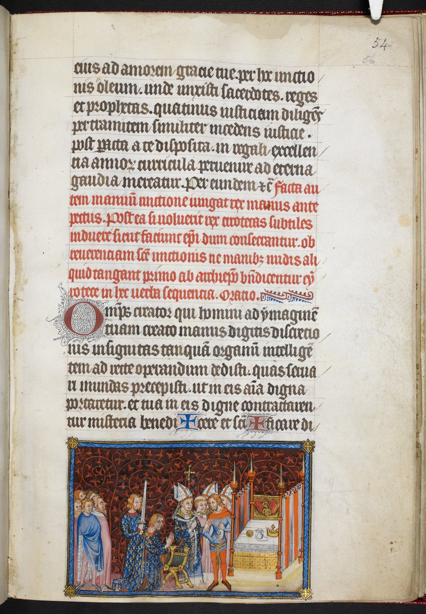 Cotton Tiberius B. VIII f. 56r Arcybiskup Reims pobłogosławił królewskie rękawiczki, z „Księgi koronacyjnej Karola V, króla Francji” autorstwa Master of the Coronation Book of Charles V