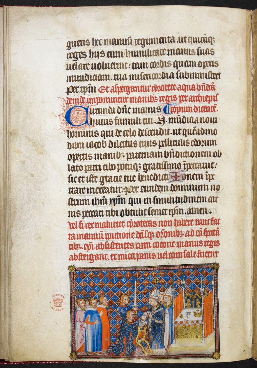 Cotton Tiberius B. VIII f.56v, Arcybiskup Reims umieszczający rękawiczki na rękach króla, z „Księgi koronacyjnej Karola V, króla Francji” autorstwa Master of the Coronation Book of Charles V
