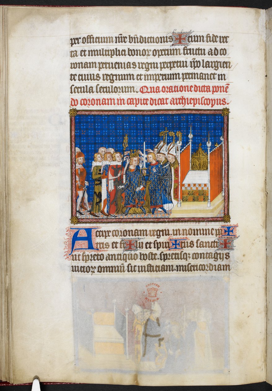 Cotton Tiberius B. VIII f.59v Pary Francji podtrzymujące koronę, ilustracja z „Księgi koronacyjnej Karola V, króla Francji” autorstwa Master of the Coronation Book of Charles V