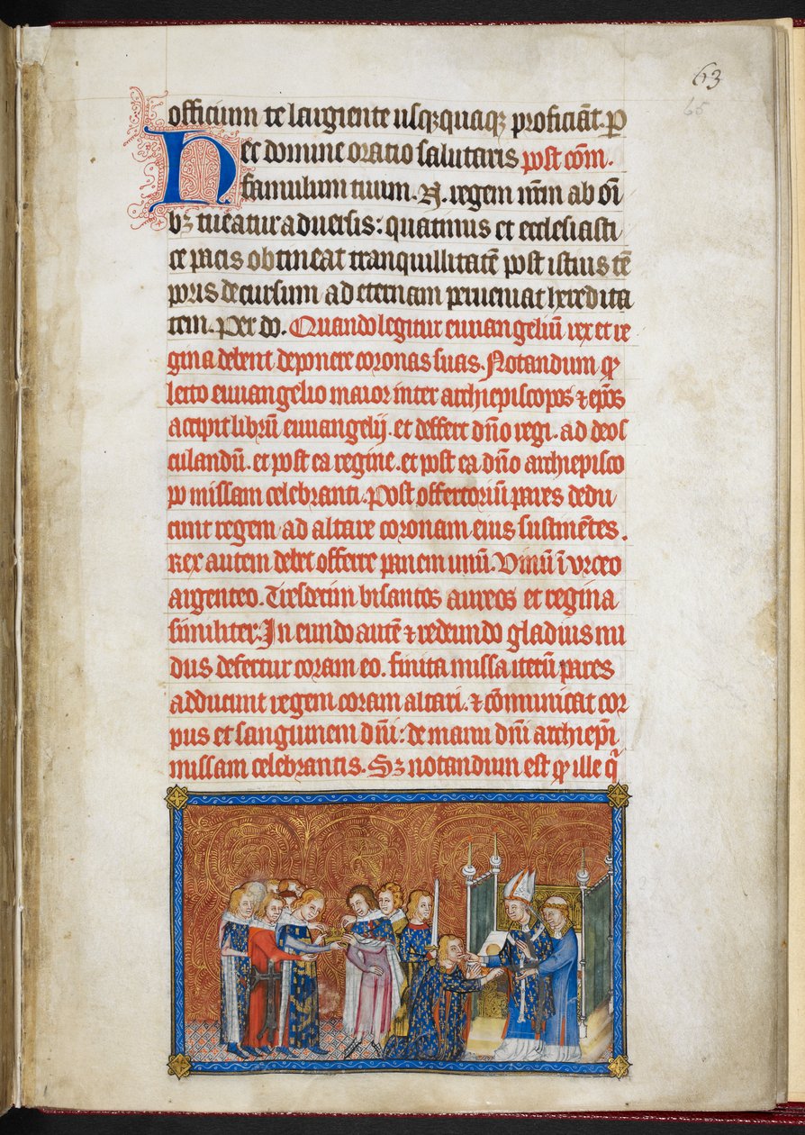 Cotton Tiberius B. VIII f.65r, Królowa wchodząca do katedry, z „Księgi koronacyjnej Karola V, króla Francji” autorstwa Master of the Coronation Book of Charles V