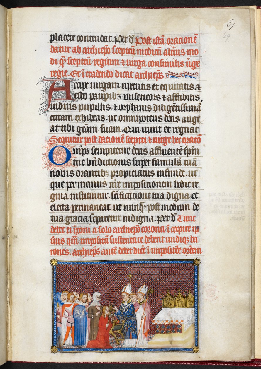 Cotton Tiberius B. VIII f. 69r Królowa odbierająca berło i virga z „Księgi koronacyjnej Karola V, króla Francji” autorstwa Master of the Coronation Book of Charles V