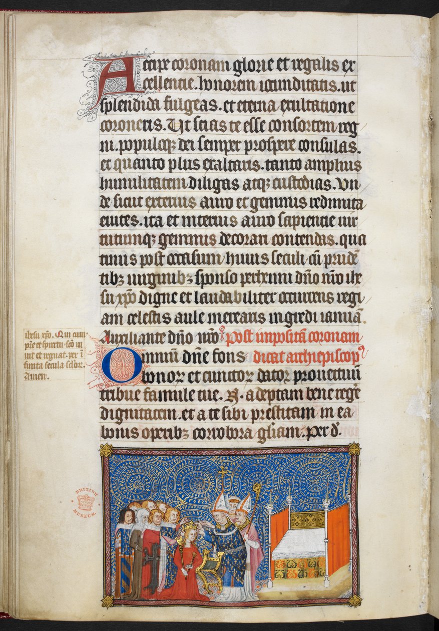 Cotton Tiberius B. VIII f.69v Arcybiskup Reims umieszczający koronę na głowie królowej i baronowie podtrzymujący jej koronę, ilustracja z „Księgi koronacyjnej Karola V, króla Francji” autorstwa Master of the Coronation Book of Charles V
