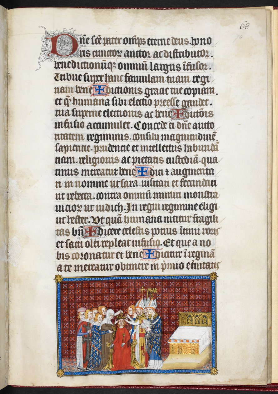 Cotton Tiberius B. VIII f.70r Baronowie podtrzymujący koronę królowej, z „Księgi koronacyjnej Karola V, króla Francji” autorstwa Master of the Coronation Book of Charles V