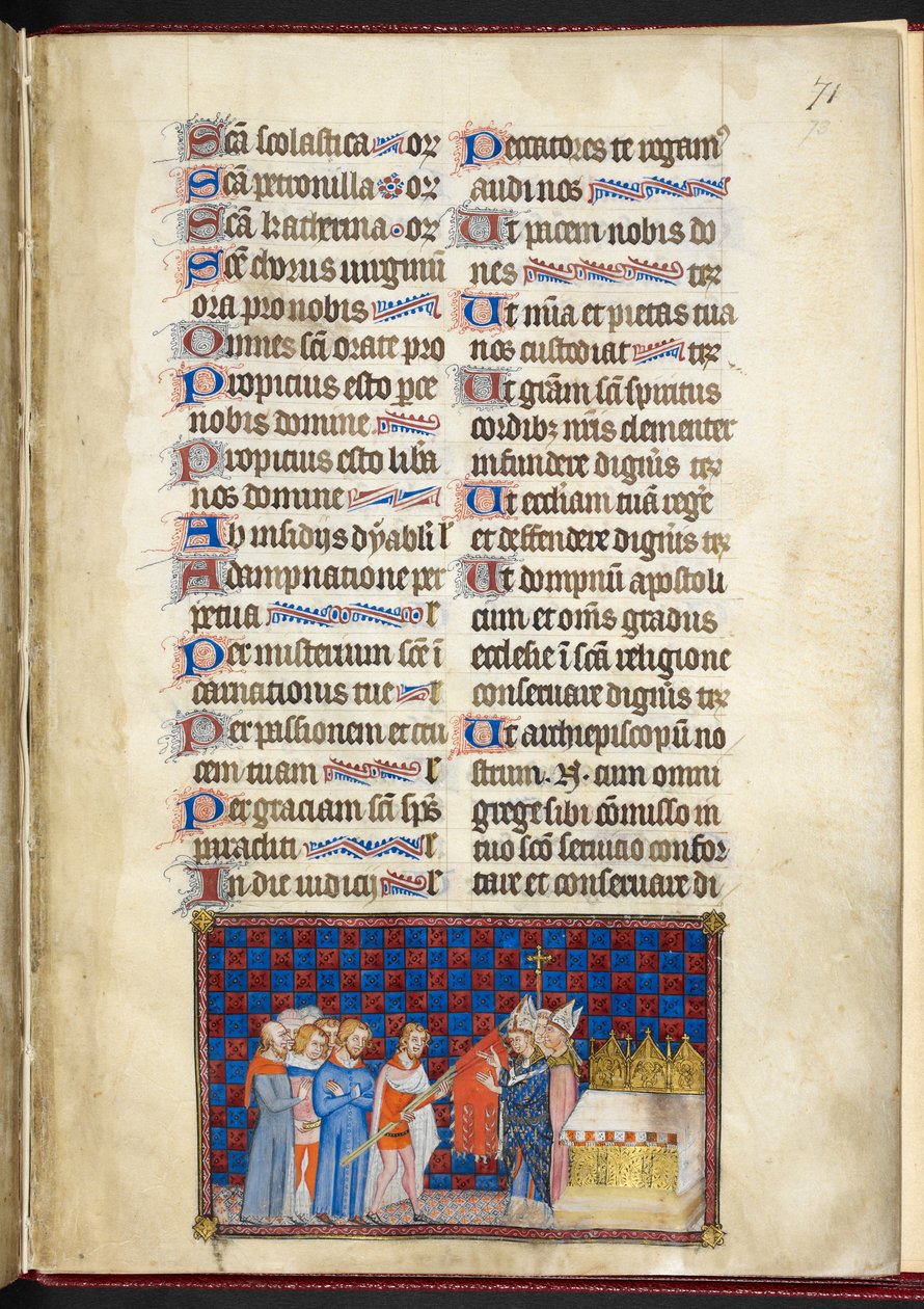 Cotton Tiberius B. VIII f.73r, Arcybiskup Reims błogosławiący Oriflamme, ilustracja z „Księgi koronacyjnej Karola V, króla Francji” autorstwa Master of the Coronation Book of Charles V