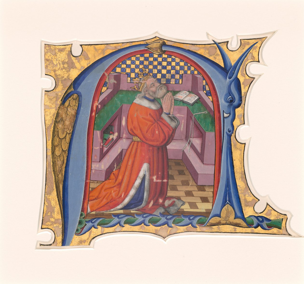 Inicjał N (?) z Dawidem w modlitwie autorstwa Master of the Cypresses