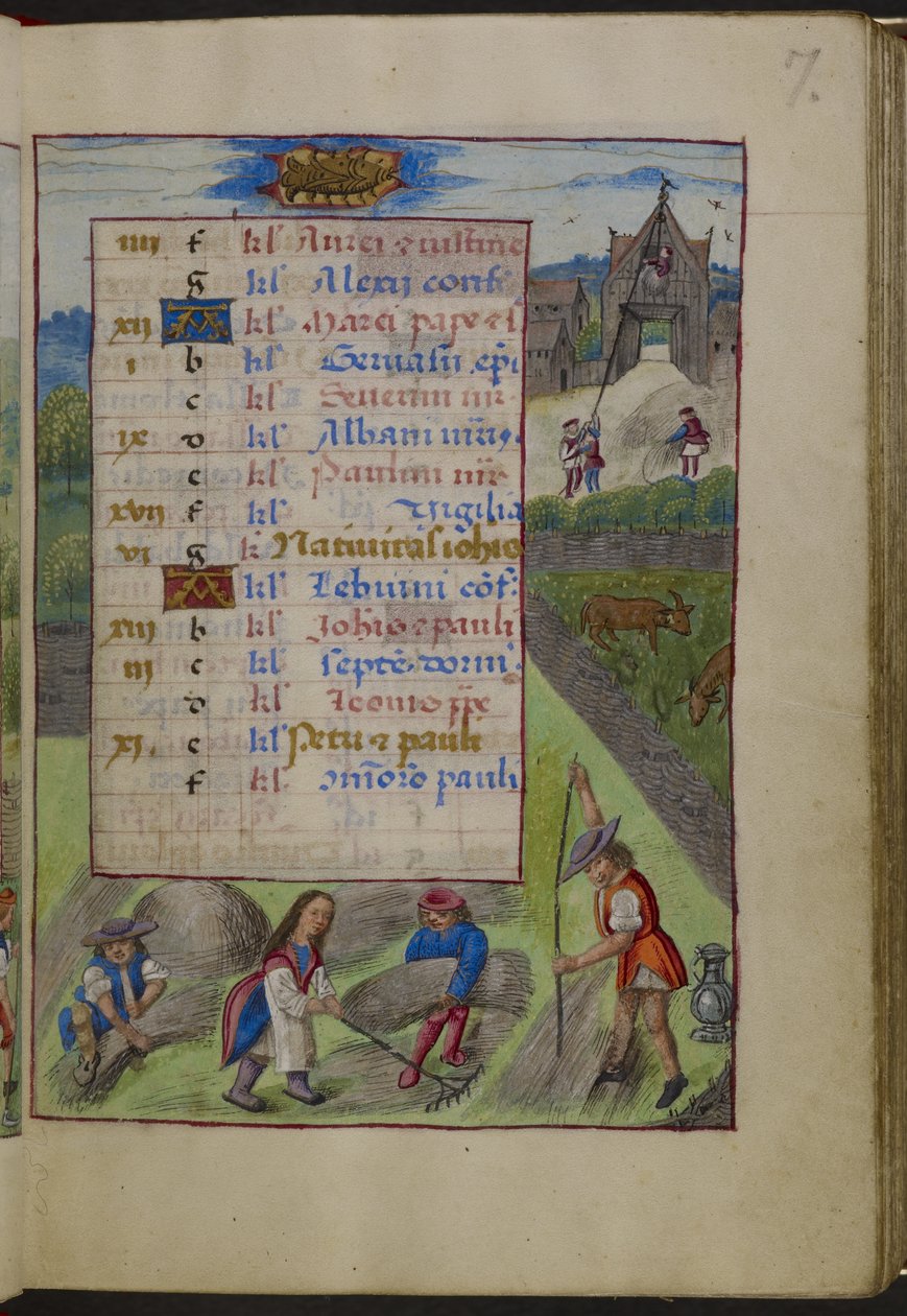 Dodaj stronę kalendarza MS 18852 f.7r na czerwiec. U góry Rak, z „Godzin Joanny Kastylii”, ok. 1496-1506 (welum) autorstwa Master of the David Scenes
