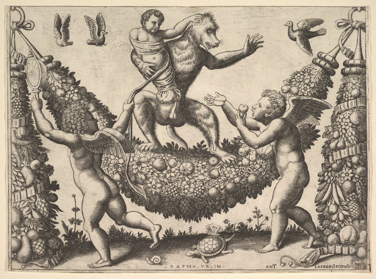 Małpa trzymająca związane putto stojąca na wianku, przed którym stoją dwa skrzydlate p..., 1530-60. autorstwa Master of the Die