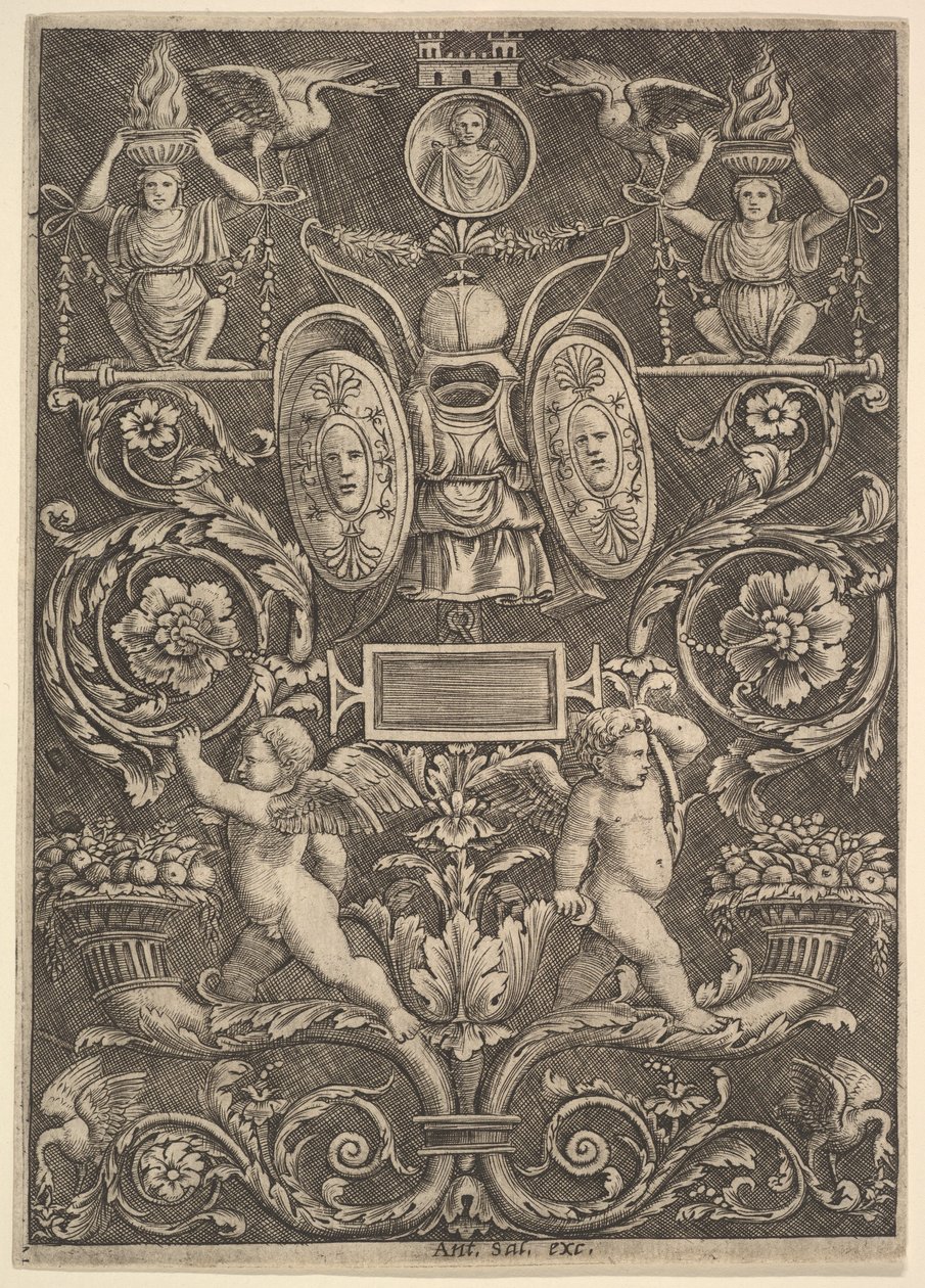 Panel ornamentu, putta stojące na rogu obfitości w dolnej części, 1530-60. autorstwa Master of the Die