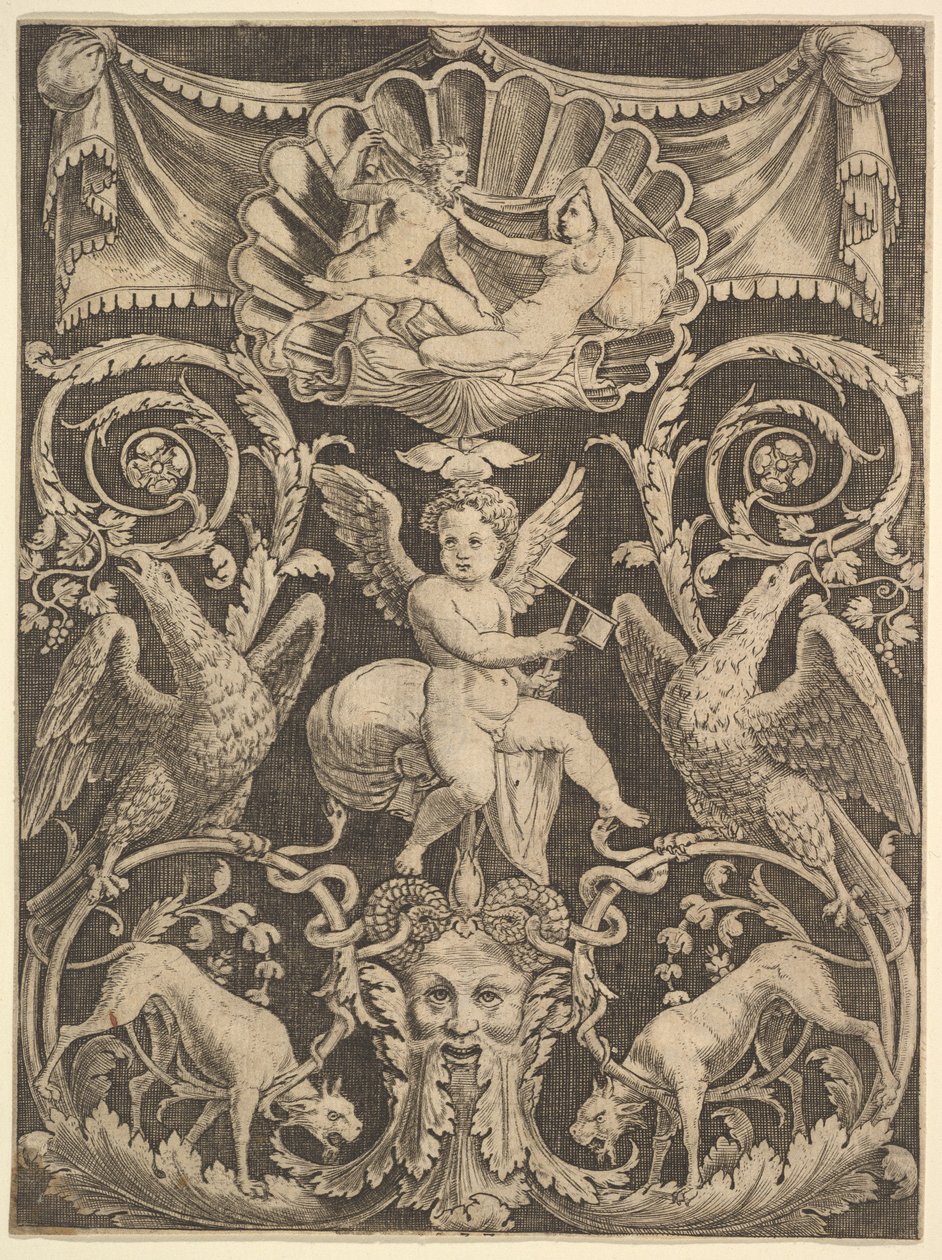 Tablica ornamentu z puttem pośrodku z wiatrakiem, 1532 r. autorstwa Master of the Die