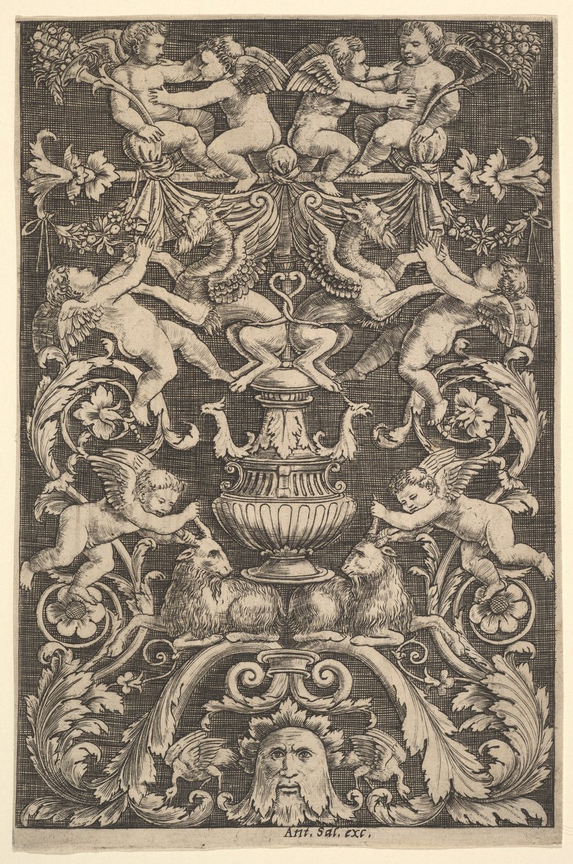 Panel ornamentu z figurami puttów, kozy i innych, 1530-60. autorstwa Master of the Die