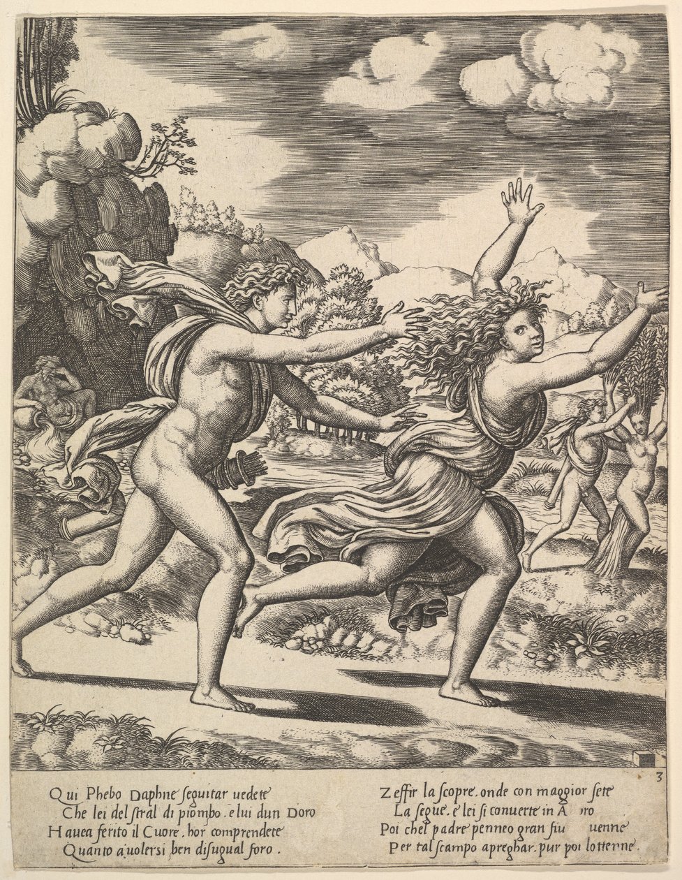 Apollo goni Daphne, która macha ramionami w górze, w tle po prawej stronie pokazuje chwila..., 1530-60. autorstwa Master of the Die