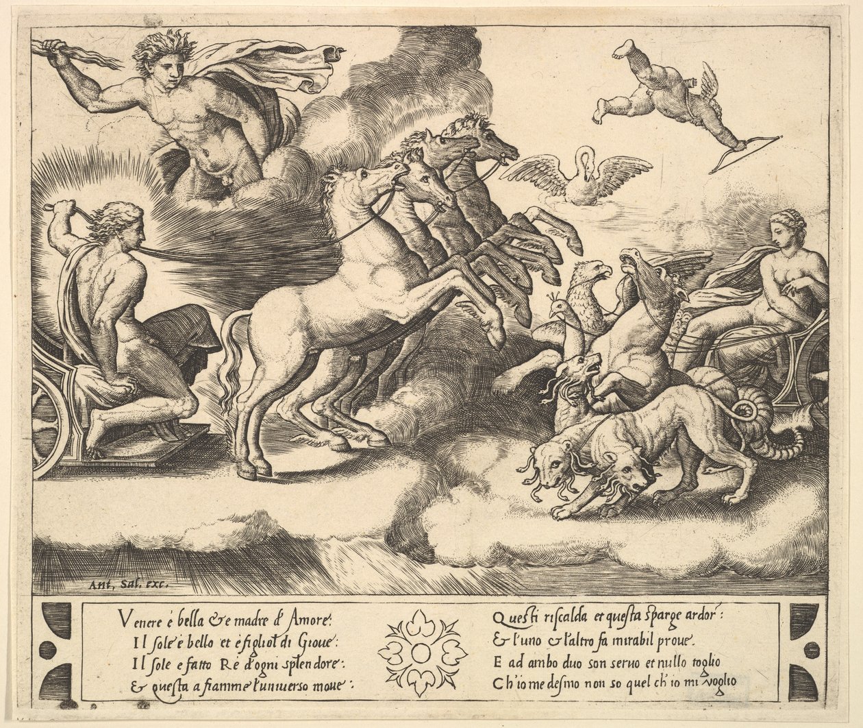 Apollo w swoim rydwanie konnym po lewej, nad nim nad Jowiszem miota grzmot..., 1530-60. autorstwa Master of the Die