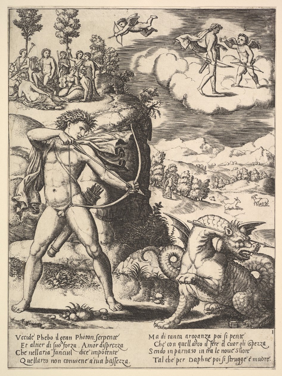 Apollo stojący po lewej strzelający do pytona ze strzałą, powyżej po lewej muza..., 1530-60. autorstwa Master of the Die