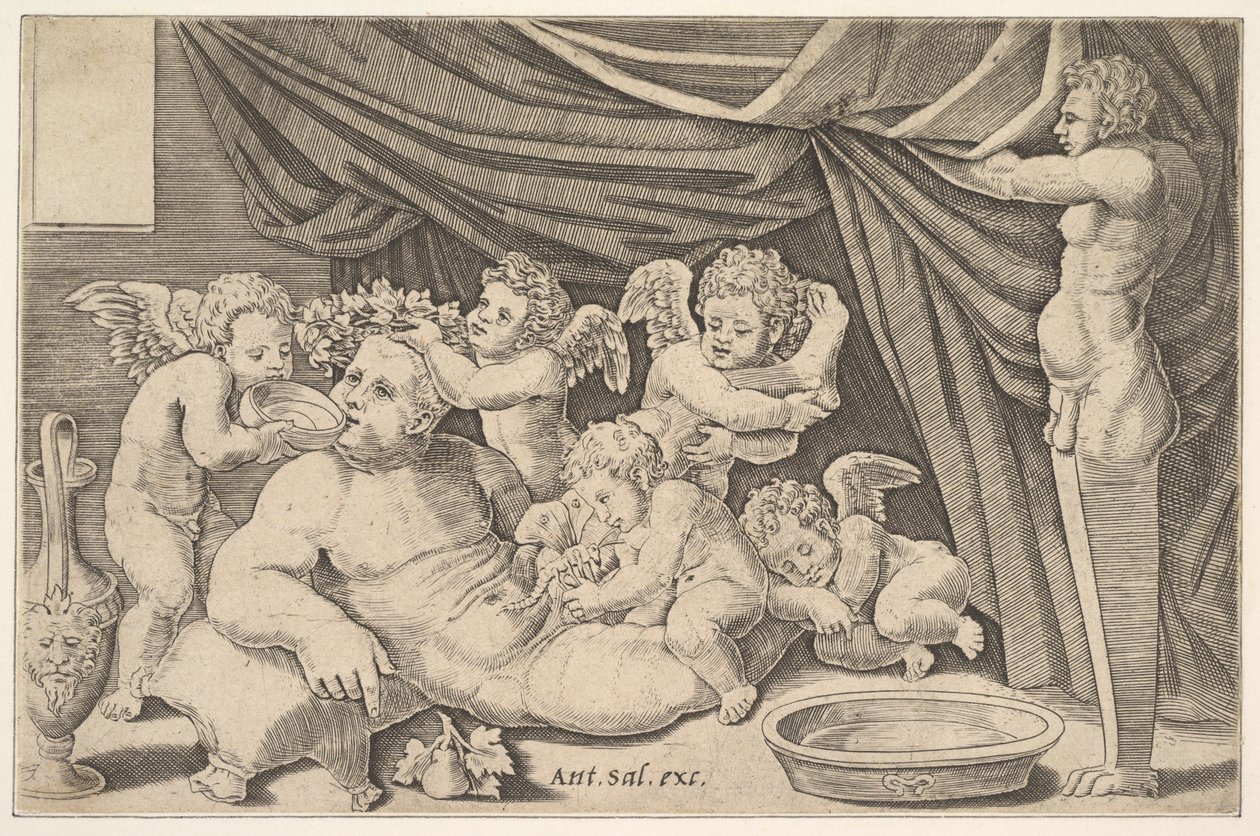 Bachus otoczony przez Putti, posąg Priapa po prawej, 1530-60. autorstwa Master of the Die