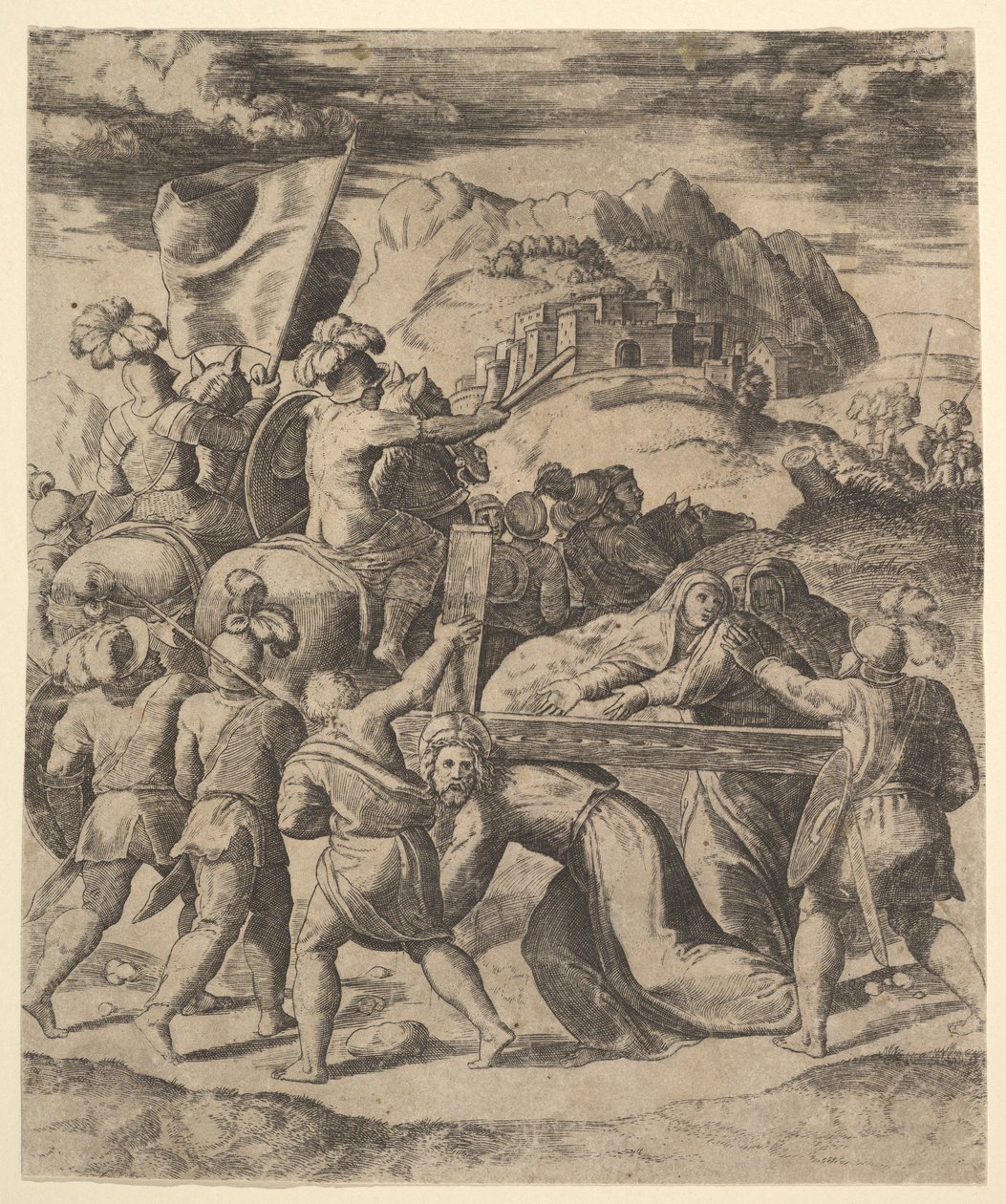 Chrystus niosący krzyż w otoczeniu żołnierzy, kilku na koniach, 1530-60. autorstwa Master of the Die