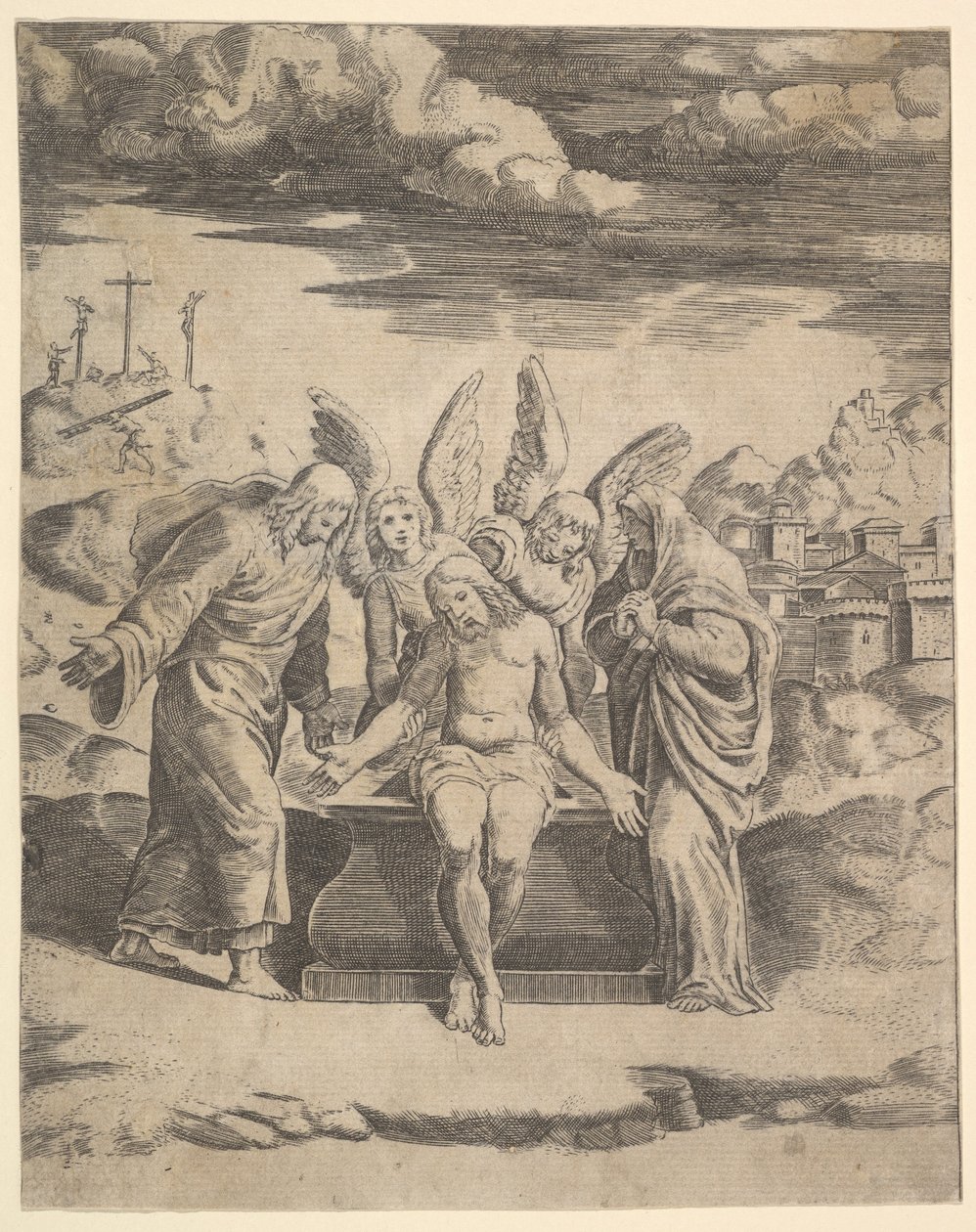 Chrystus siedzący na grobie podtrzymywany przez anioły, 1530-60. autorstwa Master of the Die