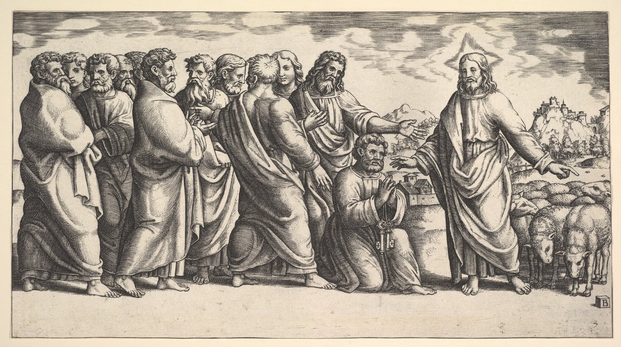 Chrystus stojący po lewej wskazujący na stado owiec, przed nim klęka św. Piotr św..., 1530-60. autorstwa Master of the Die