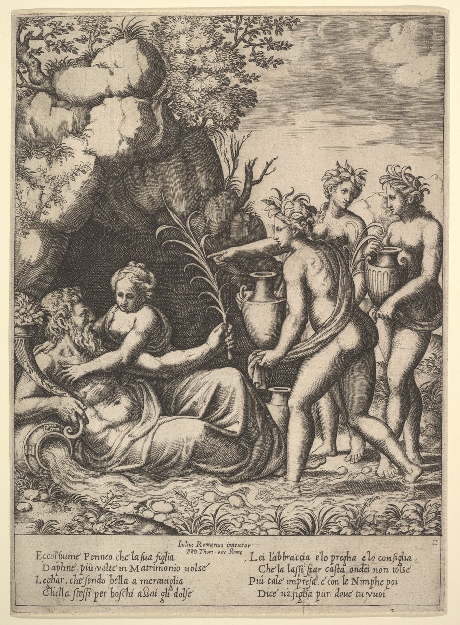 Daphne obejmując swojego ojca, boga rzeki Peneusza, po lewej stronie trzy nimfy przynoszą słoje..., 1530-60. autorstwa Master of the Die