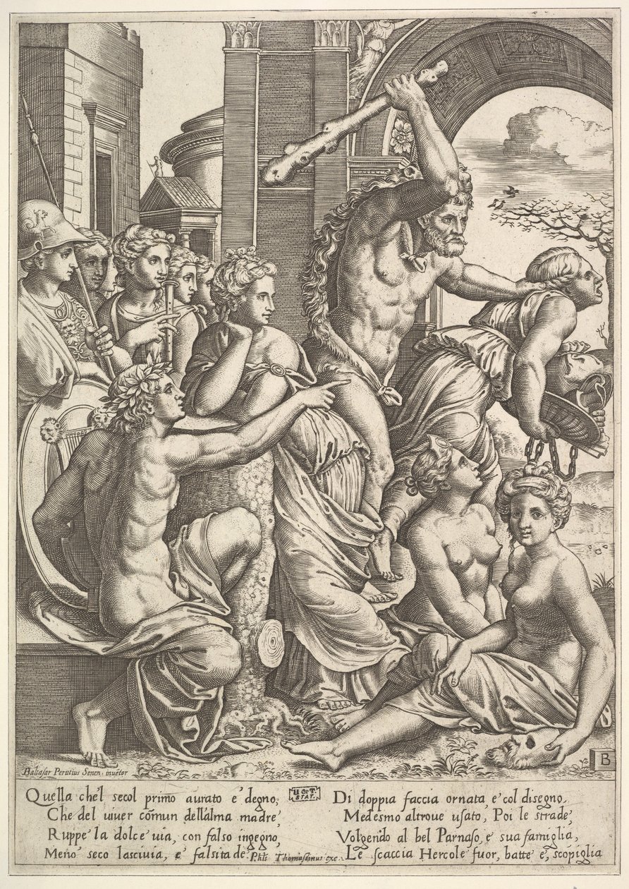 Zazdrość lub skąpstwo po prawej wypędzane ze świątyni Muz przez Herkulesa, który ..., 1530-60. autorstwa Master of the Die