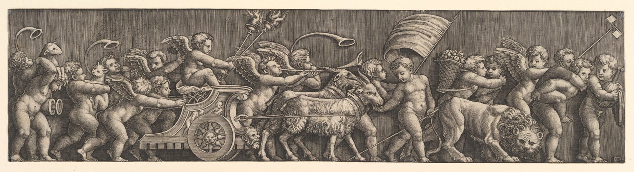 Układ fryzowy przedstawiający Triumf Miłości, Kupidyn w rydwanie prowadzonym przez kozy, mężczyzna..., 1530-60. autorstwa Master of the Die