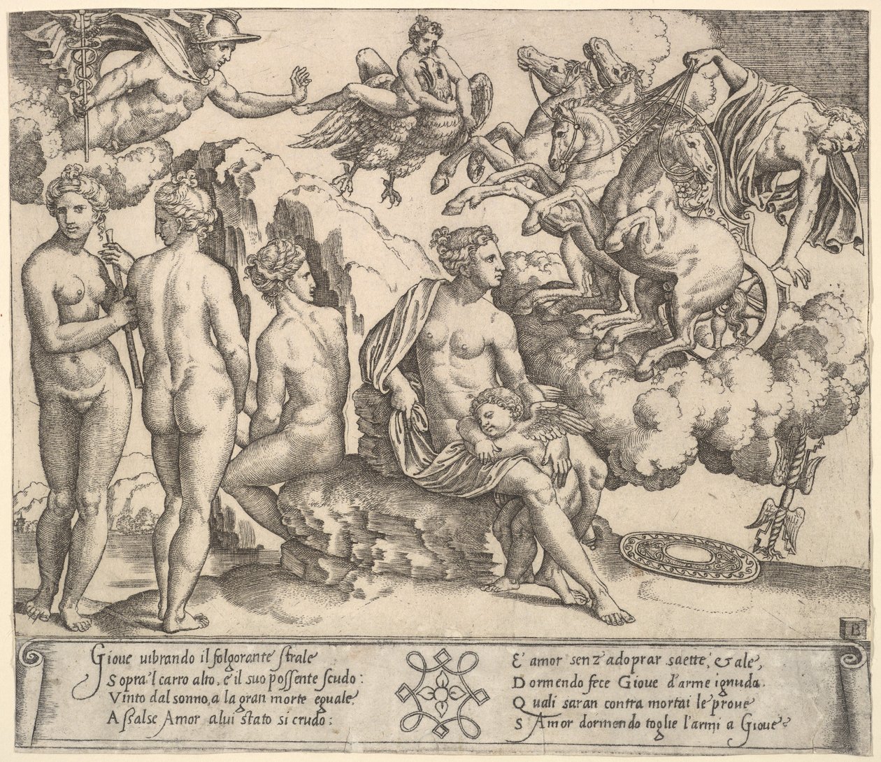 Jowisz spadający z powozu po prawej, Ganimedes w postaci orła..., 1530-60. autorstwa Master of the Die