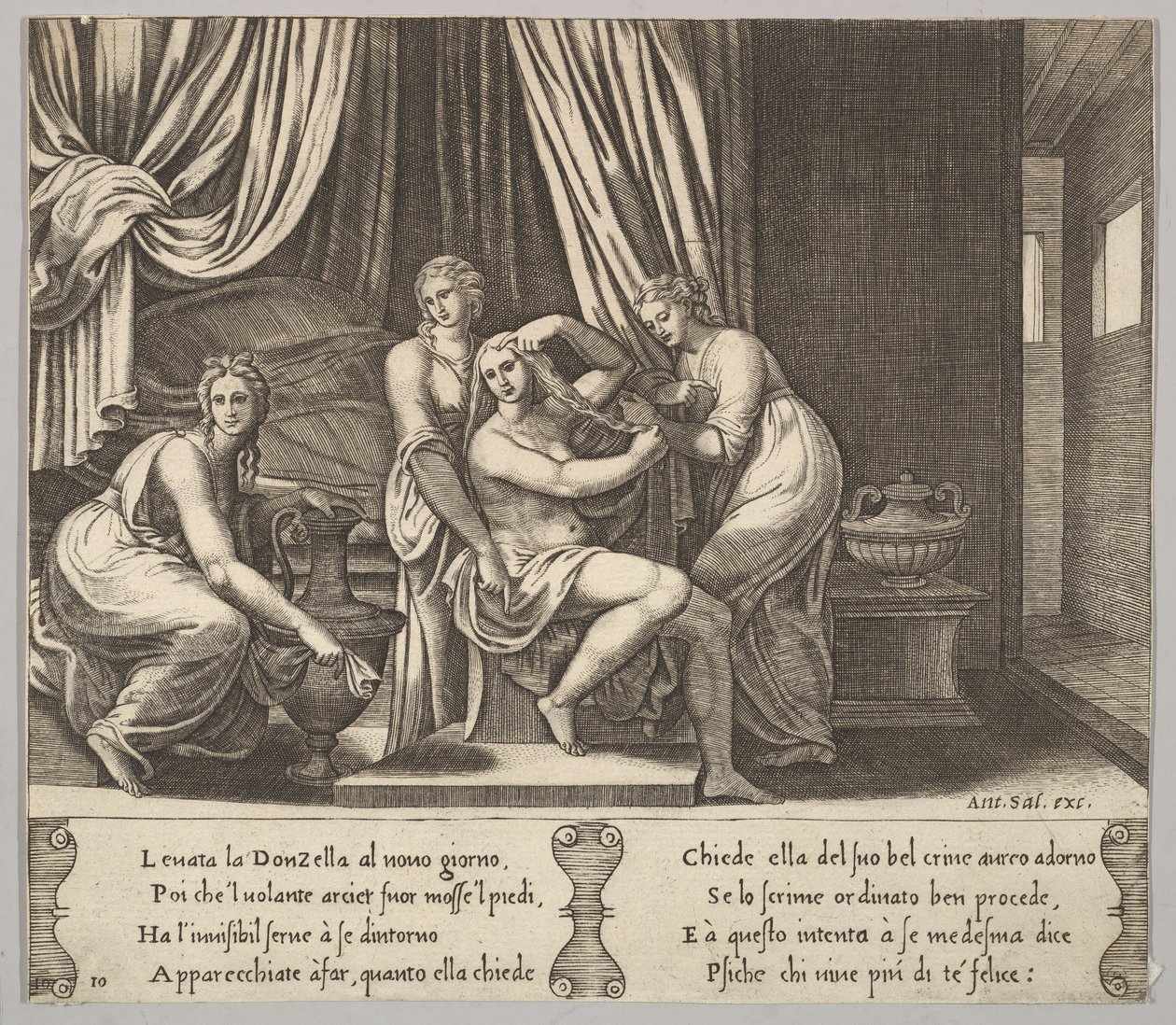 Tablica 10: nimfy pomagające Psyche ubierać włosy, z „Bajki o Psyche”, 1530-60. autorstwa Master of the Die