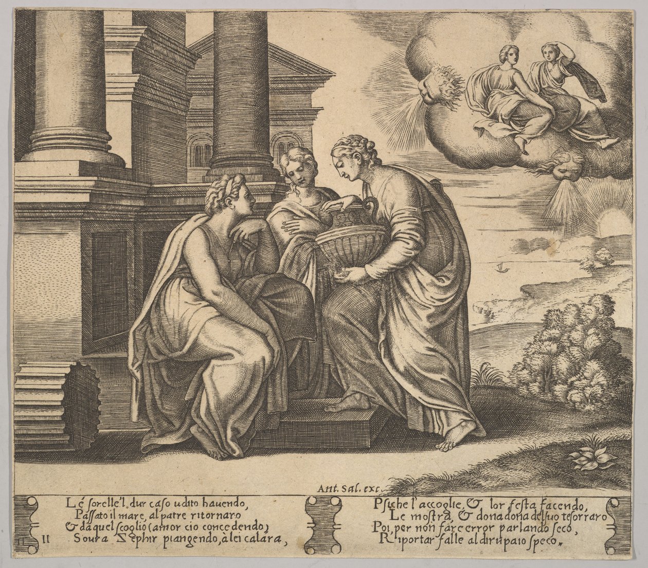 Płyta 11: Psyche daje prezenty swoim siostrom, z „Bajki o Psyche”, 1530-60. autorstwa Master of the Die