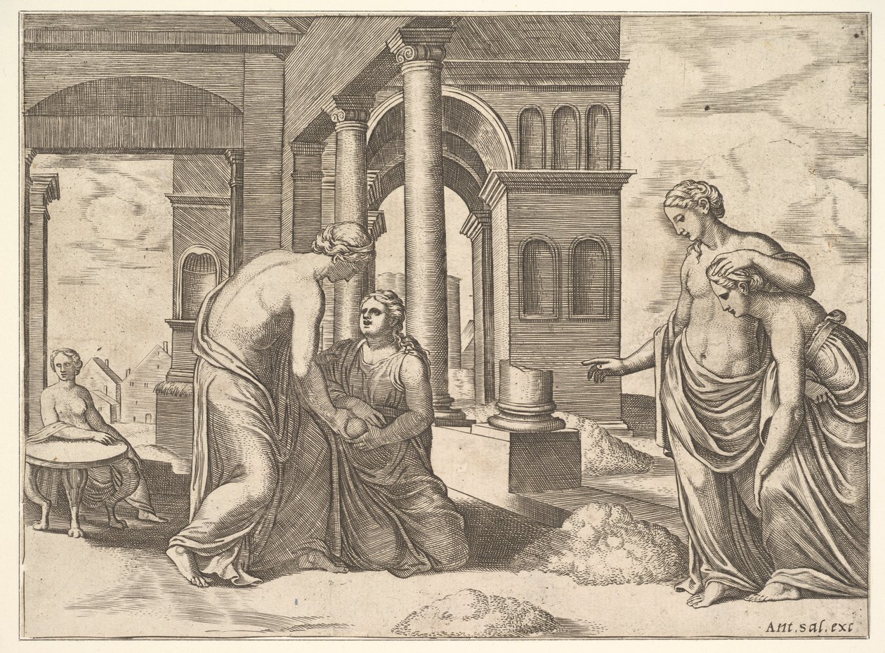 Płyta 22: Wenus nakazuje Psyche sortowanie kupy zboża, z „Bajki o Psyche”, 1530-60. autorstwa Master of the Die